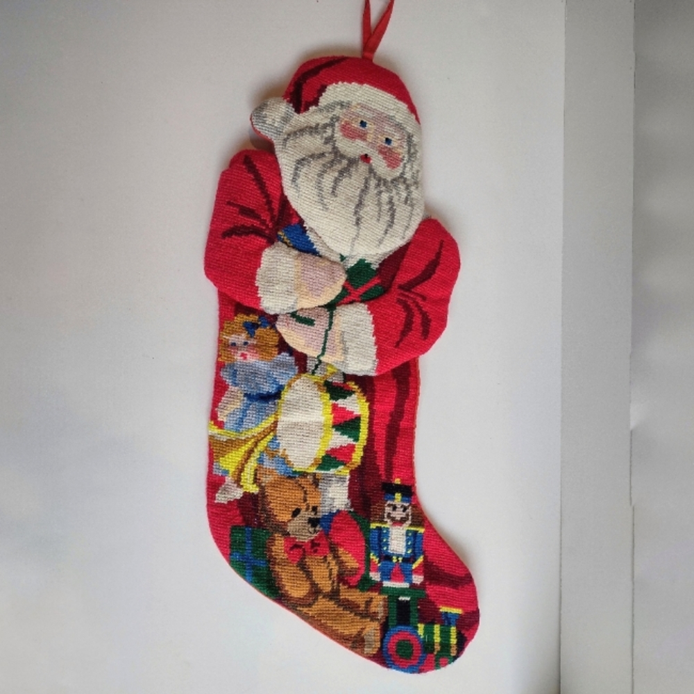 Vintage Christmas / Holiday Stocking Decoration in Red with Santa.